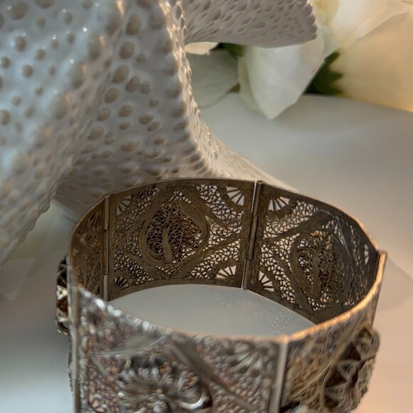 ANTIQUE STERLING VERMEIL FILIGREE CUFF BRACELET - Picture 2 of 8